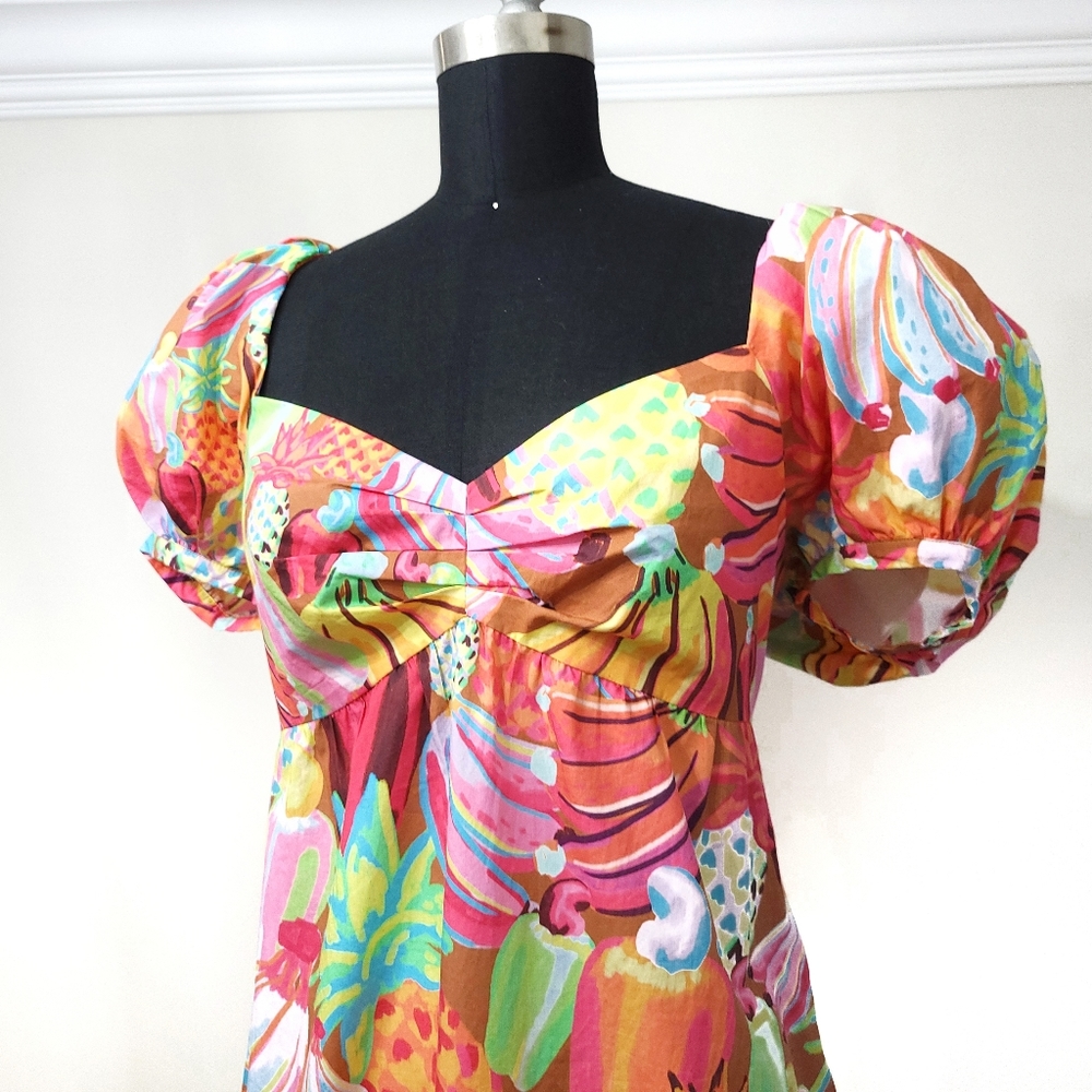 Farm Rio Fruit Salad Pastel Maxamilist Puff Sleeve Fruit Hearts Print Maxi Dress - Picture 4 of 14